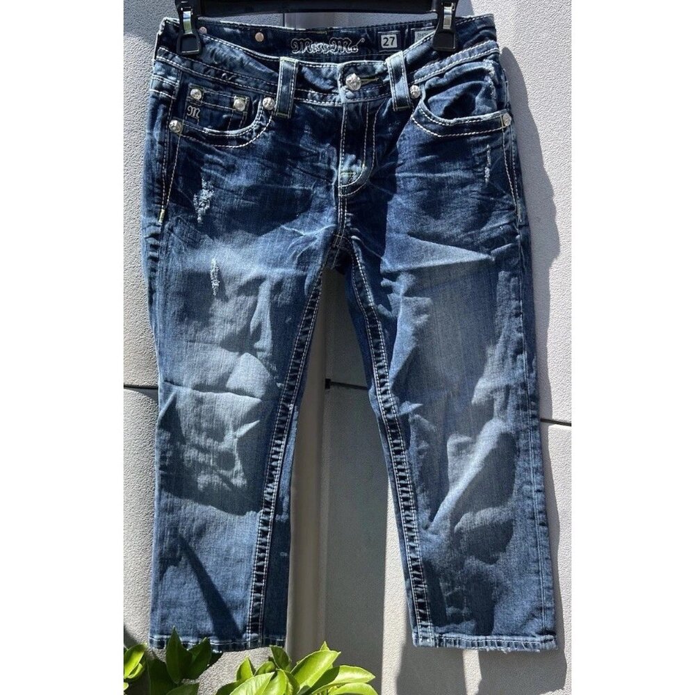 Miss Me Jeans Womens 27 Low Rise Signature Boot Cut Distress Beaded Embroidered